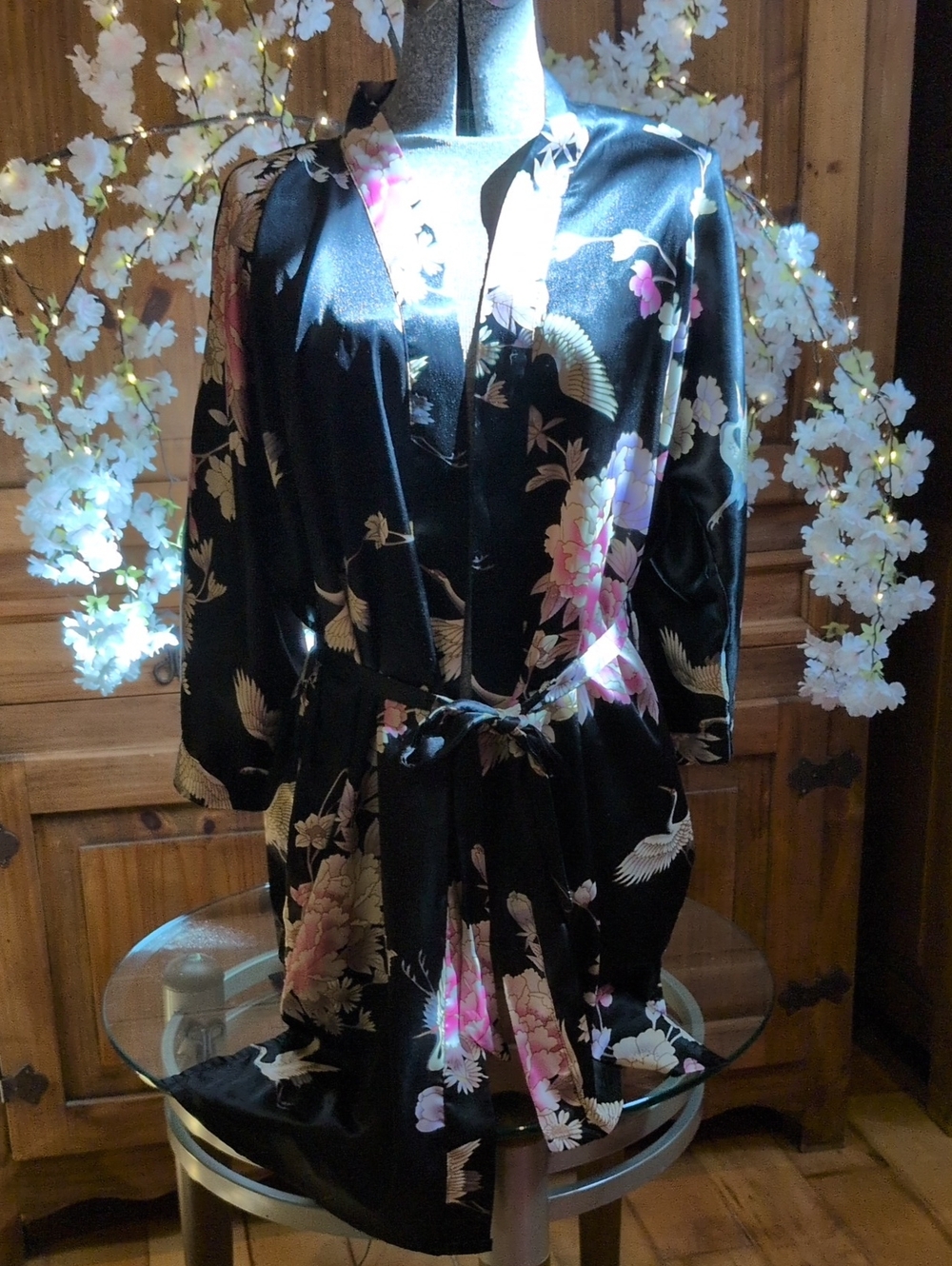 Kim + Ono Short Kimono Robe Floral/Crane